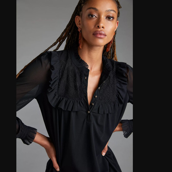 NWT Anthropologie Ruffled Lace Black Blouse - XL - Picture 2 of 7